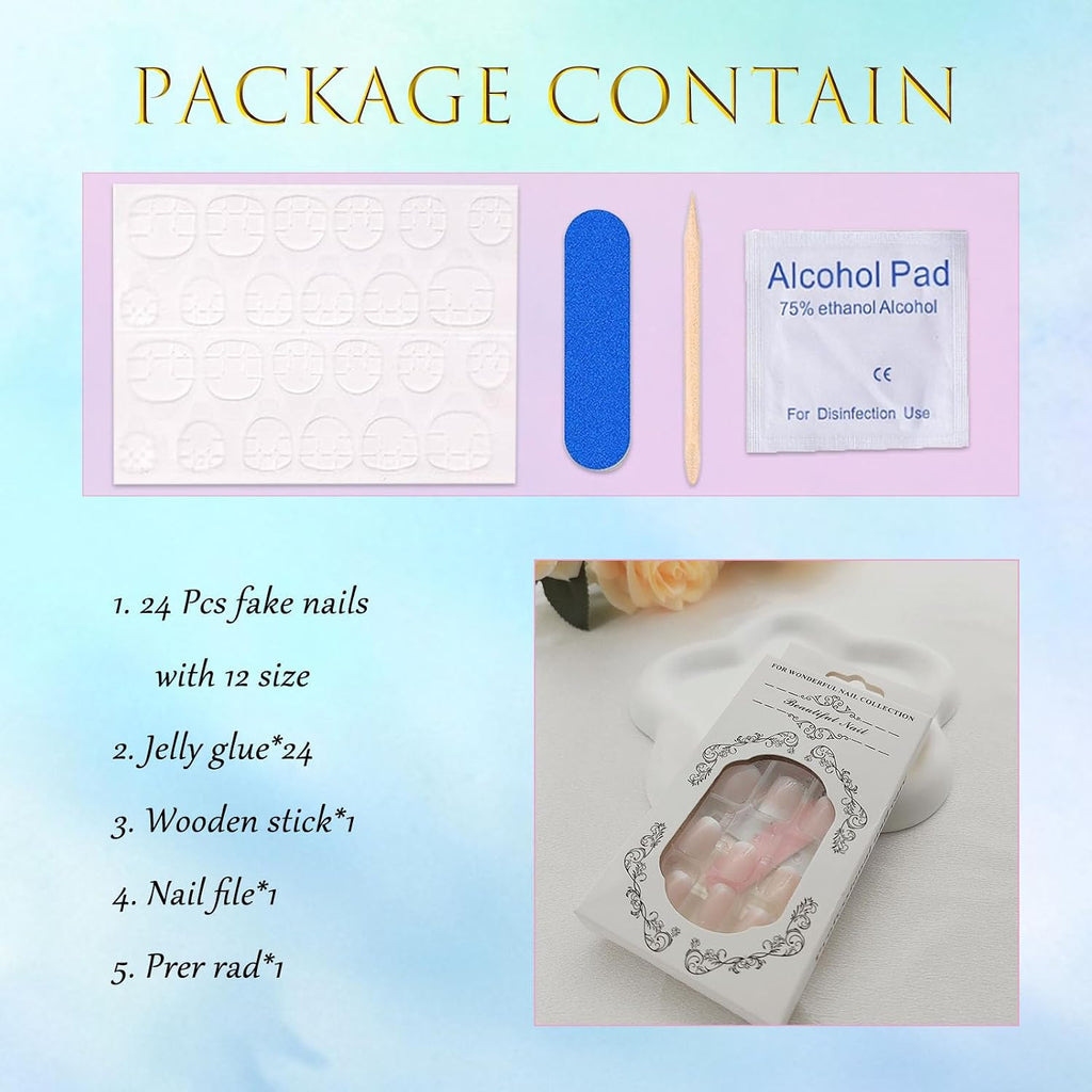 Short Press on Nails Square Nude Ombre Fake Nails Press ons White Glue Stick on Nails with Designs Full Cover Acrylic Glossy Artificial Cute False Nail for Women Girls 24 Pcs : Beauty & Personal Care