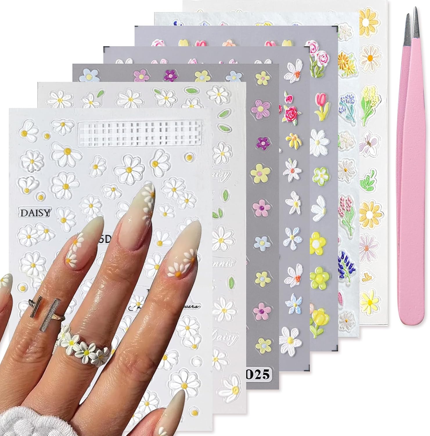 YOSOMMK Nail Art Stickers Decals 5D Embossed Flower Nail Decals Self Adhesive Spring Summer Heart Daisy Nail Supplies 3D Nail Design for Women Nail Decoration Colorful Flower Nail Stickers : Beauty & Personal Care