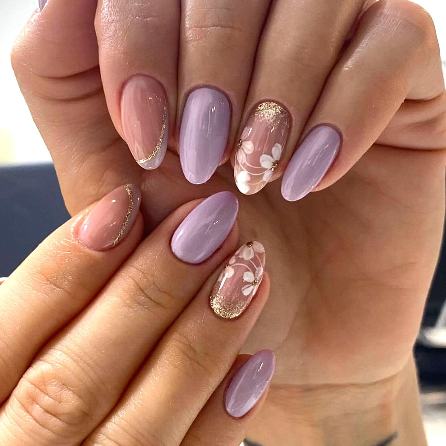 Short Press On Almond Fake Nails - Flower Acrylic Fall Nails Press Ons Full Cover Glue On Cute False Floral Stick On Nails for Women - 30 Pcs : Beauty & Personal Care