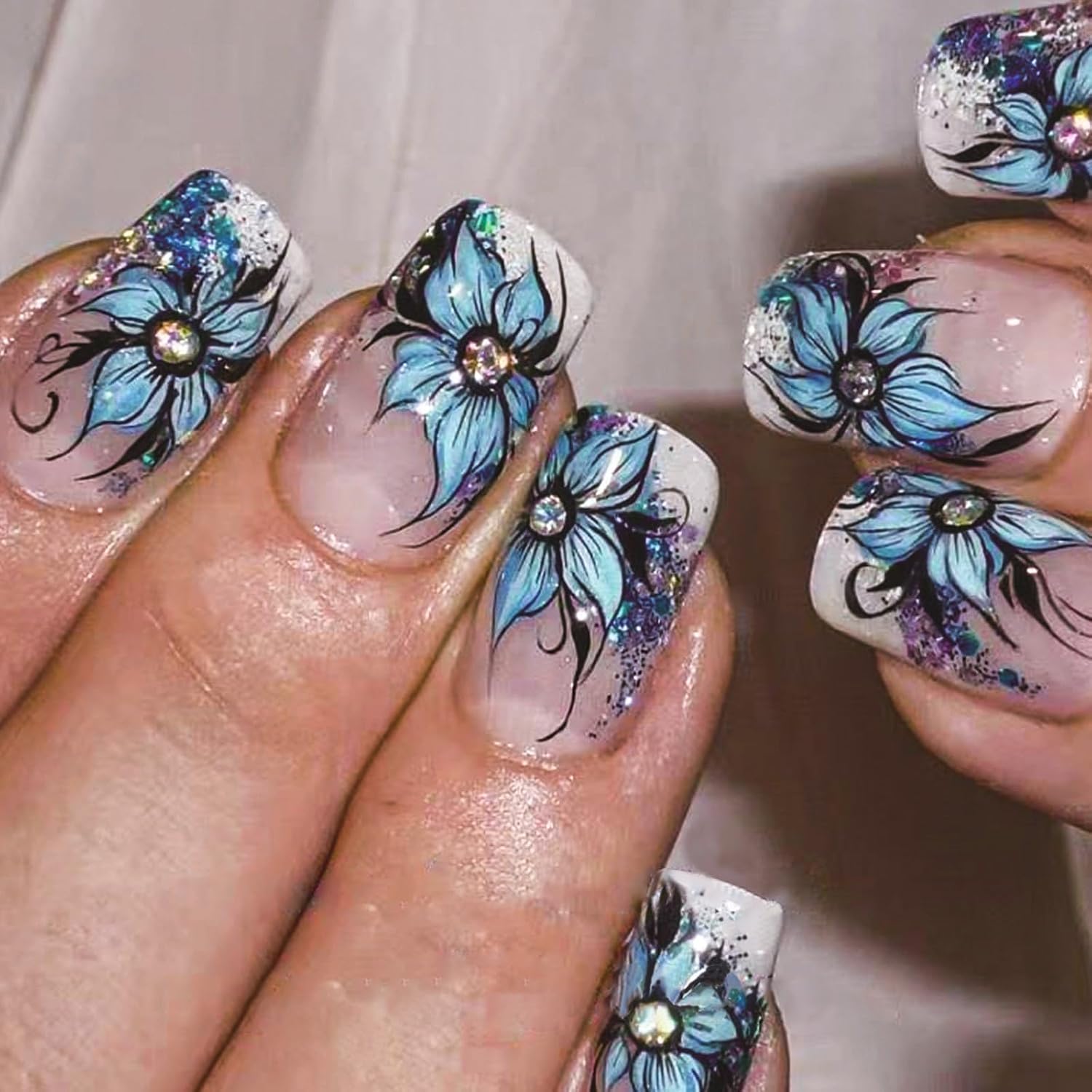 YOSOMMK Press on Nails Short Square Fake Nails with Flower Designs Nude Pink Glossy Full Cover Stick on Nail Bling Sequins Acylic Nail for Women and Girls : Beauty & Personal Care
