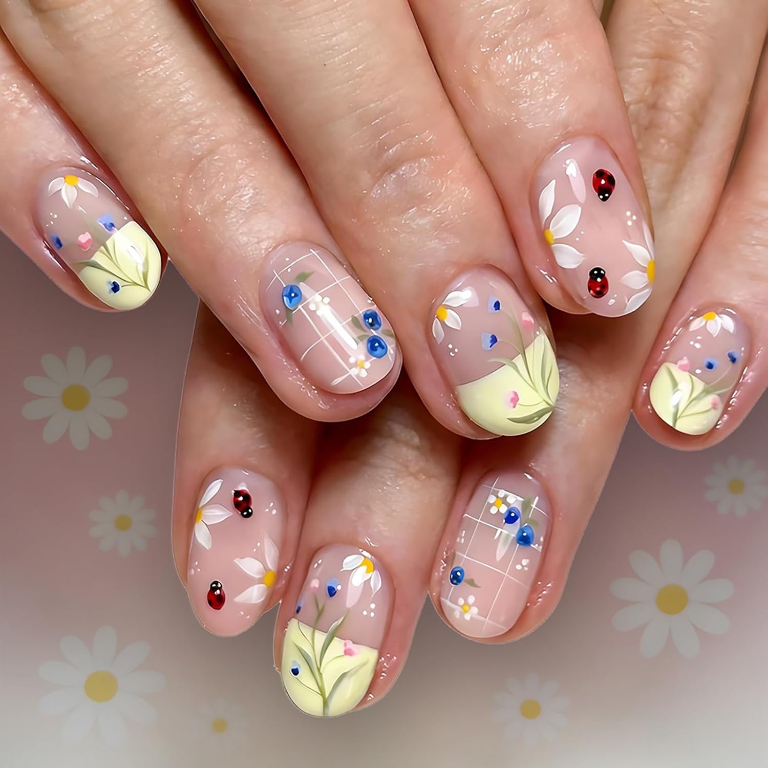 24Pcs Colorful Flower Press-On Nails - Short. Square. Fake. Spring-Summer Nail Art Set. Light Pink Acrylic. Full Cover Glossy False Nails for Women & Girls : Beauty & Personal Care