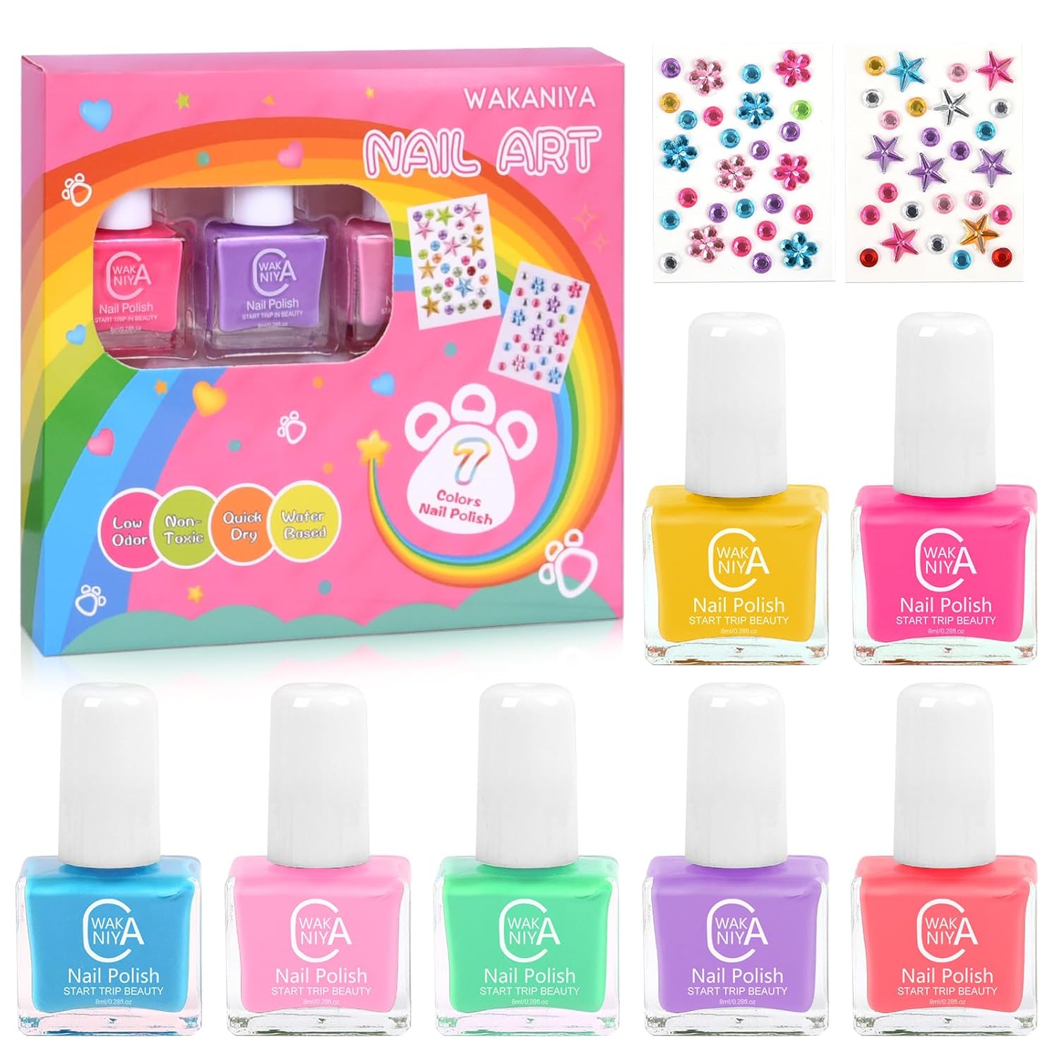 wakaniya Kids Non Toxic Nail Polish Set for Girls with Gems Nail Stickers. 7 Color Peel-Off Low Odor Nail Polish for Toddler : Beauty & Personal Care