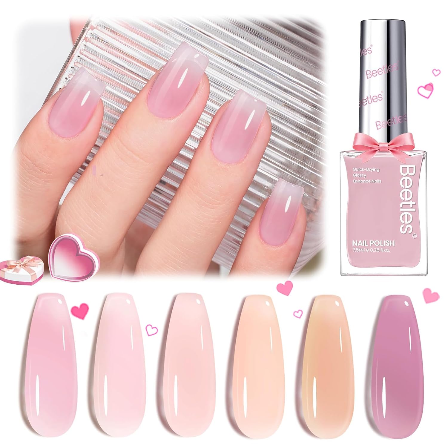 Beetles Jelly Nail Polish Set. 6 Colors Pink Nude Purple Velvet Glow Quick Dry Nail Polish Long Lasting Nail Strengthener Polish Gift for Girls Women : Beauty & Personal Care