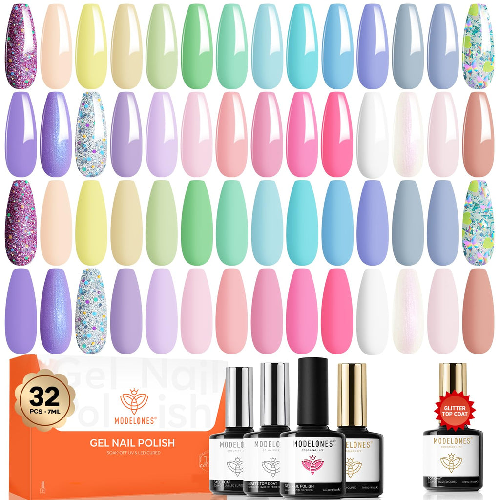 modelones 32 PCS Gel Nail Polish Set. 28 Colors Gel Polish with No Wipe Base Coat. Glitter & Glossy & Matte Top Coat Black Brown Red Purple Soak Off LED Nail Art Kit Salon at Home : Beauty & Personal Care