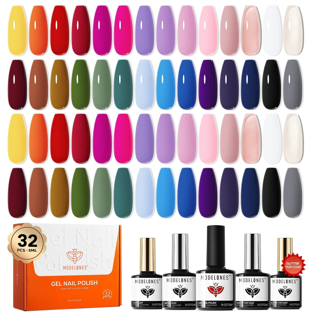 modelones 32 PCS Gel Nail Polish Set. 28 Colors Gel Polish with No Wipe Base Coat. Glitter & Glossy & Matte Top Coat Black Brown Red Purple Soak Off LED Nail Art Kit Salon at Home : Beauty & Personal Care