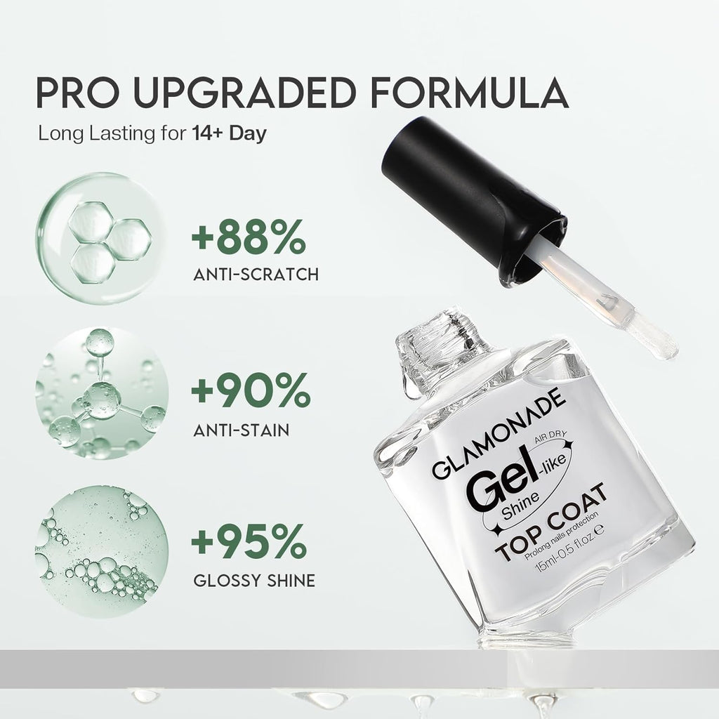 Glamonade Top Coat Nail Polish Clear: Quick Dry Nail Polish No Chip High Shine Long Lasting Glossy Fast Air Dry Top Coat for Nail Art Manicure Salon Quality : Beauty & Personal Care