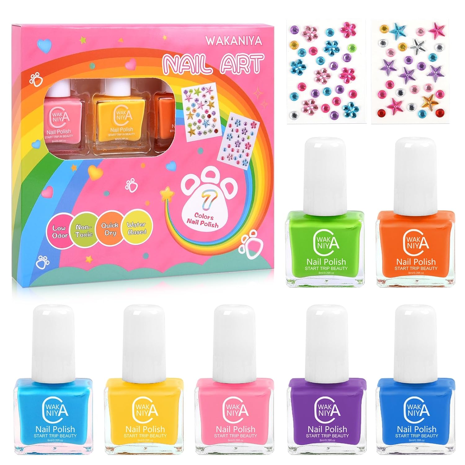 wakaniya Kids Non Toxic Nail Polish Set for Girls with Gems Nail Stickers. 7 Color Peel-Off Low Odor Nail Polish for Toddler : Beauty & Personal Care