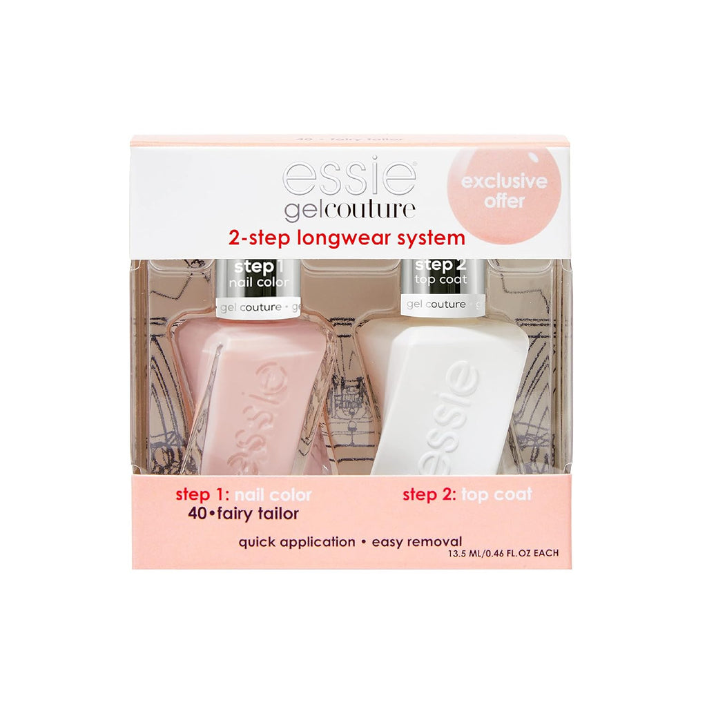Essie Gel Couture Longwear Nail Polish Kit. Sheer Nude Pink. Fairy Tailor + Top Coat. 0.46 fl oz each