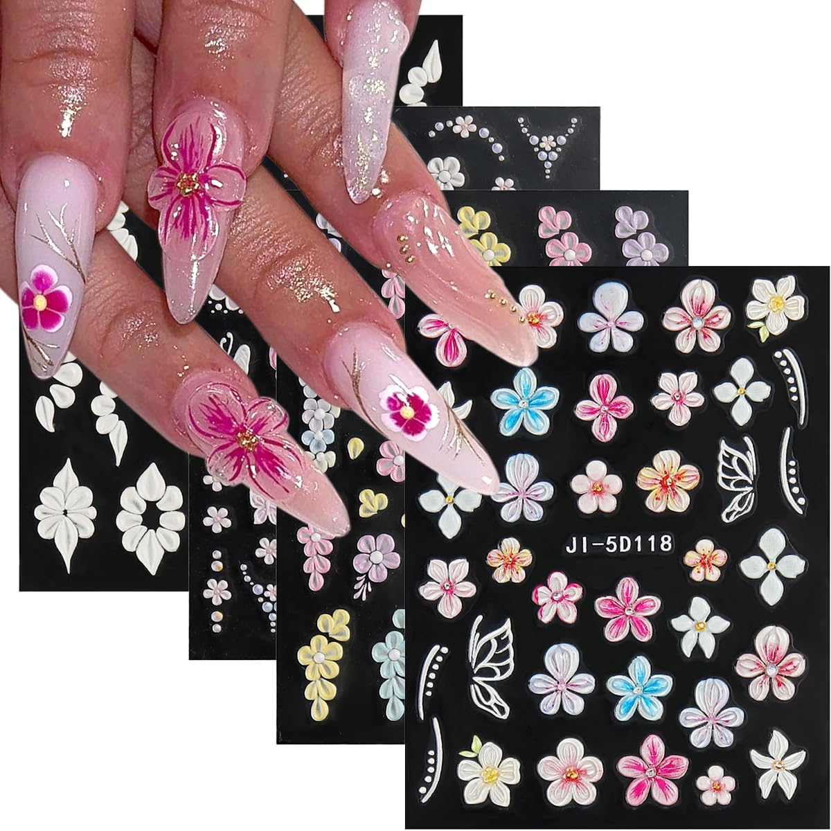 Fcozpjk 5D Embossed White Flowers Nail Stickers. 5 Sheets Self-Adhesive Floral Nail Decals. Spring Rose Butterfly Nail Art. 3D Acrylic Flowers for Manicure Decor : Beauty & Personal Care