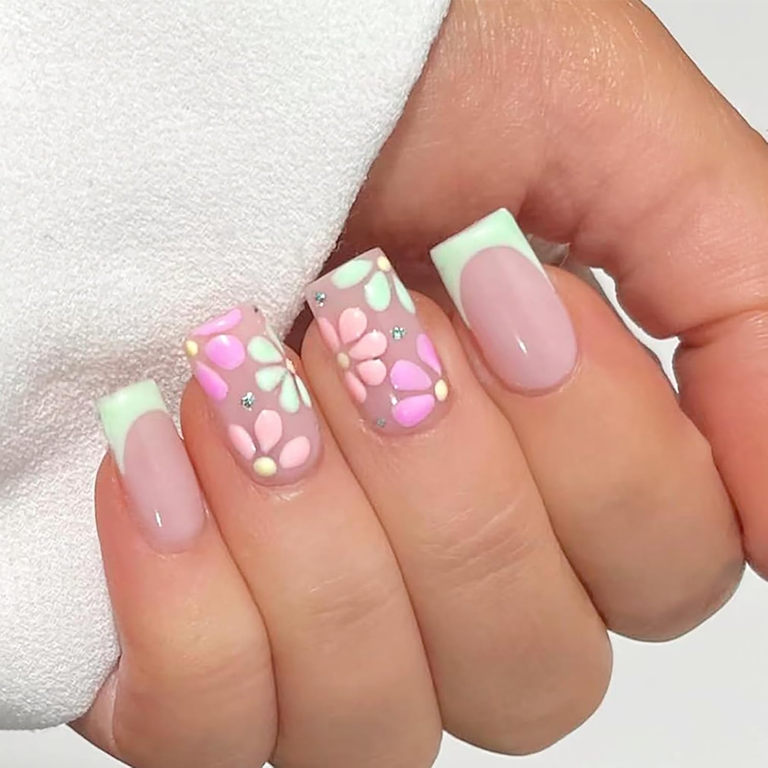 24Pcs Colorful Flower Press-On Nails - Short. Square. Fake. Spring-Summer Nail Art Set. Light Pink Acrylic. Full Cover Glossy False Nails for Women & Girls : Beauty & Personal Care