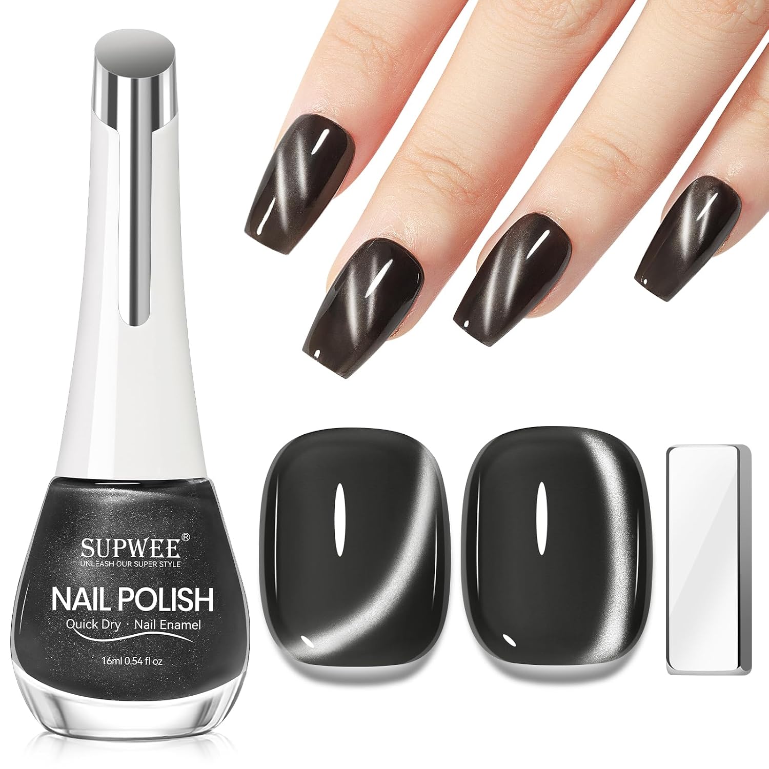 SUPWEE Cat Eye Nail Polish Non Gel with Magnet- Need to Use Black Base. Quick Dry Cateye Magnetic Nail Polish for Fingernail Air Drying Fast Lacquer Manicure Gift For Women Girls 16ml. 0.54fl oz : Beauty & Personal Care