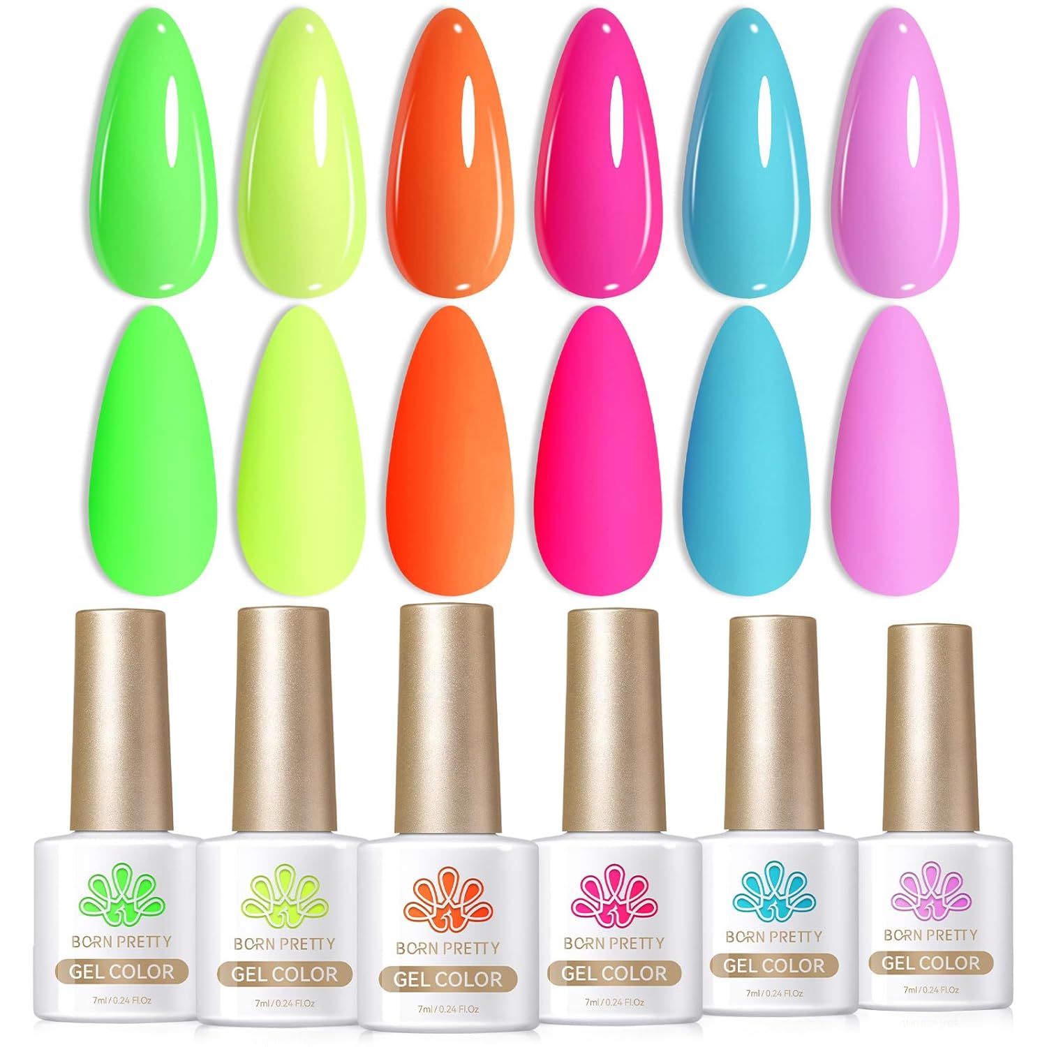 Born Pretty Gel Nail Polish Spring Summer Neon Fluorescent Orange Hot Pink Blue Yellow Green Purple Soak Off U V LED Gel Nail Polish Set Nails Art 7ml 6pcs : Beauty & Personal Care