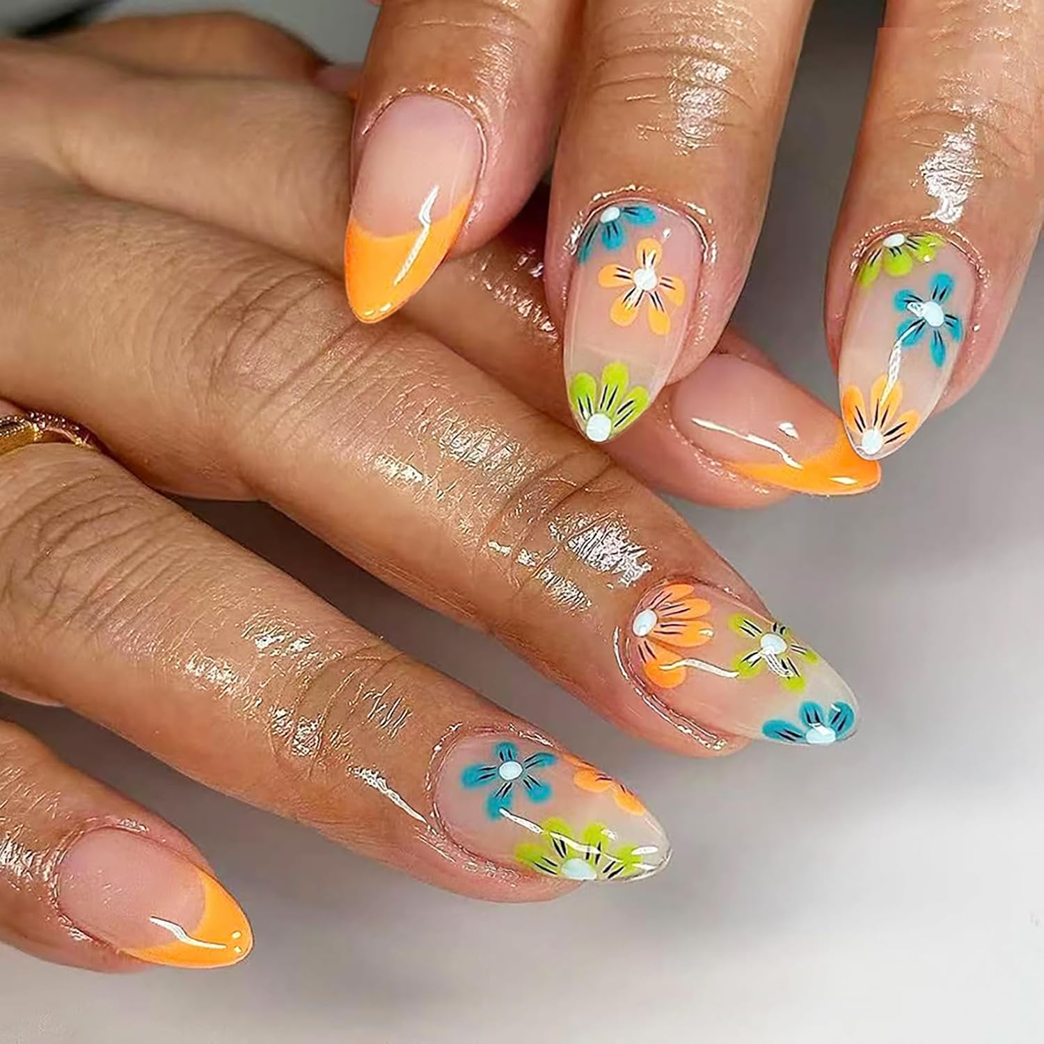 24Pcs Colorful Flower Press-On Nails - Short. Square. Fake. Spring-Summer Nail Art Set. Light Pink Acrylic. Full Cover Glossy False Nails for Women & Girls : Beauty & Personal Care