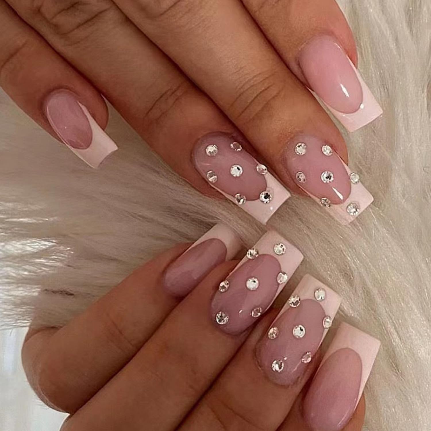 YKZFUI French Tip Press on Nails with Charms. Medium. Cute Bow. Long Square Shape. Acrylic Fake Stick On Nails with Heart and Rhinestones for Women Daily Wear. White : Beauty & Personal Care