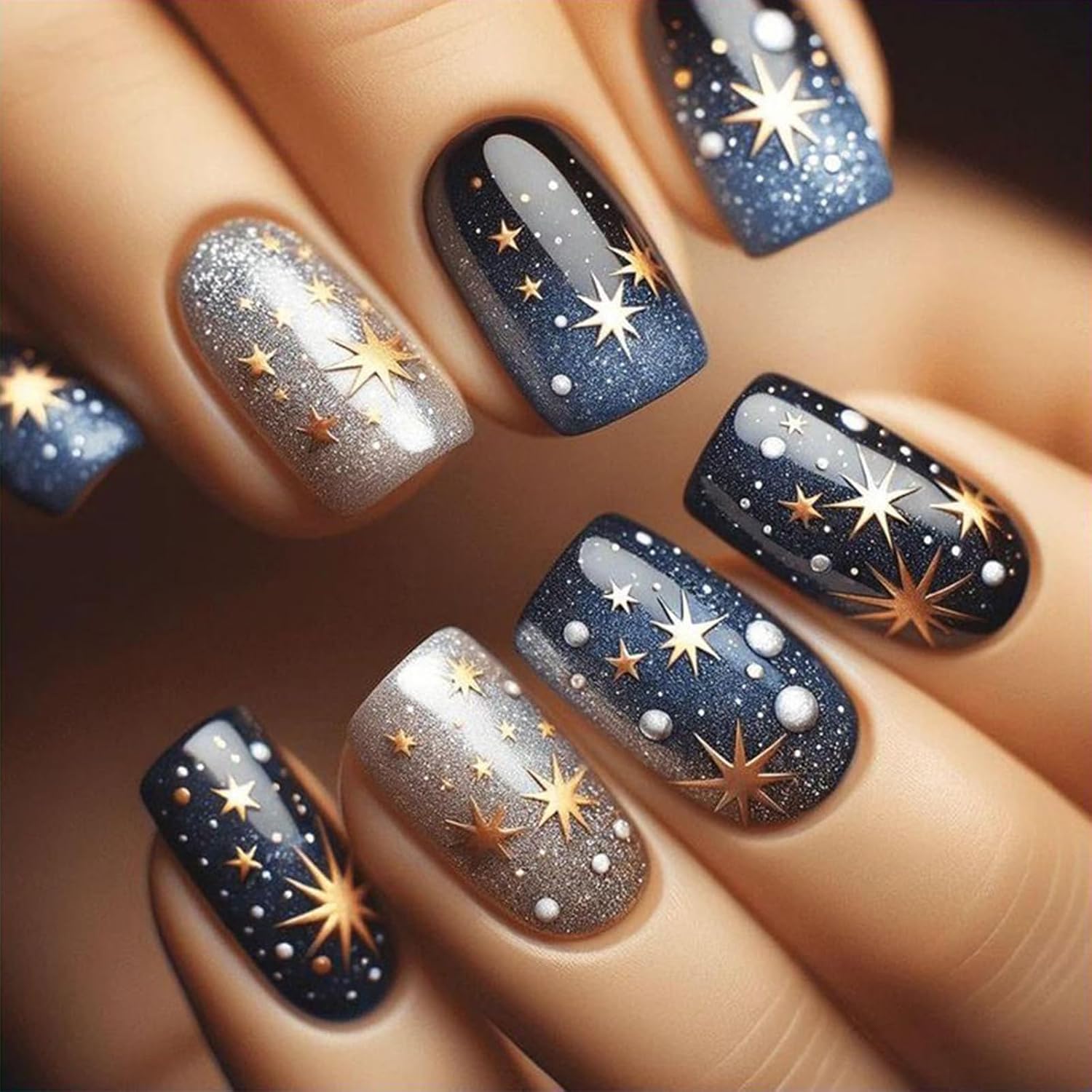24Pcs Gold Curve Line Press on Nails Sea Acrylic Fake Nail Glossy Blue Gradient Medium Square False Nails Love Heart Stick on Fingernails Seaweed Gel Glue on Nail for Coquette Women Girls : Beauty & Personal Care