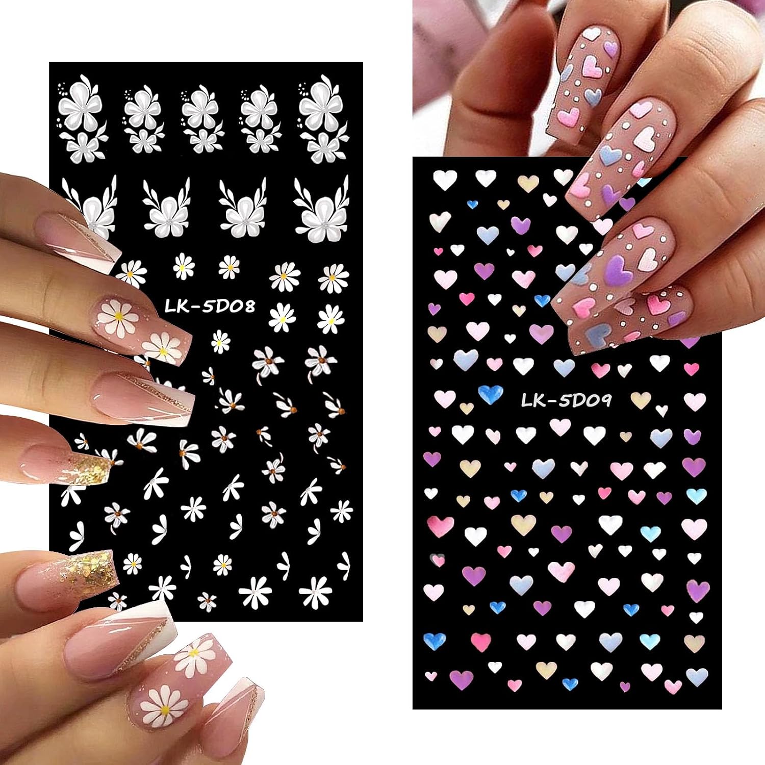 YOSOMMK Nail Art Stickers Decals 5D Embossed Flower Nail Decals Self Adhesive Spring Summer Heart Daisy Nail Supplies 3D Nail Design for Women Nail Decoration Colorful Flower Nail Stickers : Beauty & Personal Care
