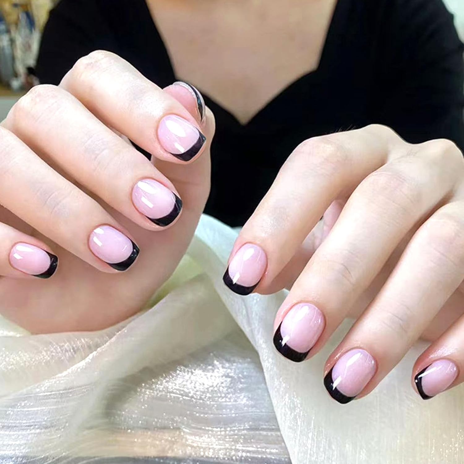 Square Press on Nails Short Sea Blue Fake Nails Glossy Acrylic Nails Press ons Full Cover False Nails with Golden Glitter Designs Glue Stick on Nails for Women Girls 24 Pcs : Beauty & Personal Care