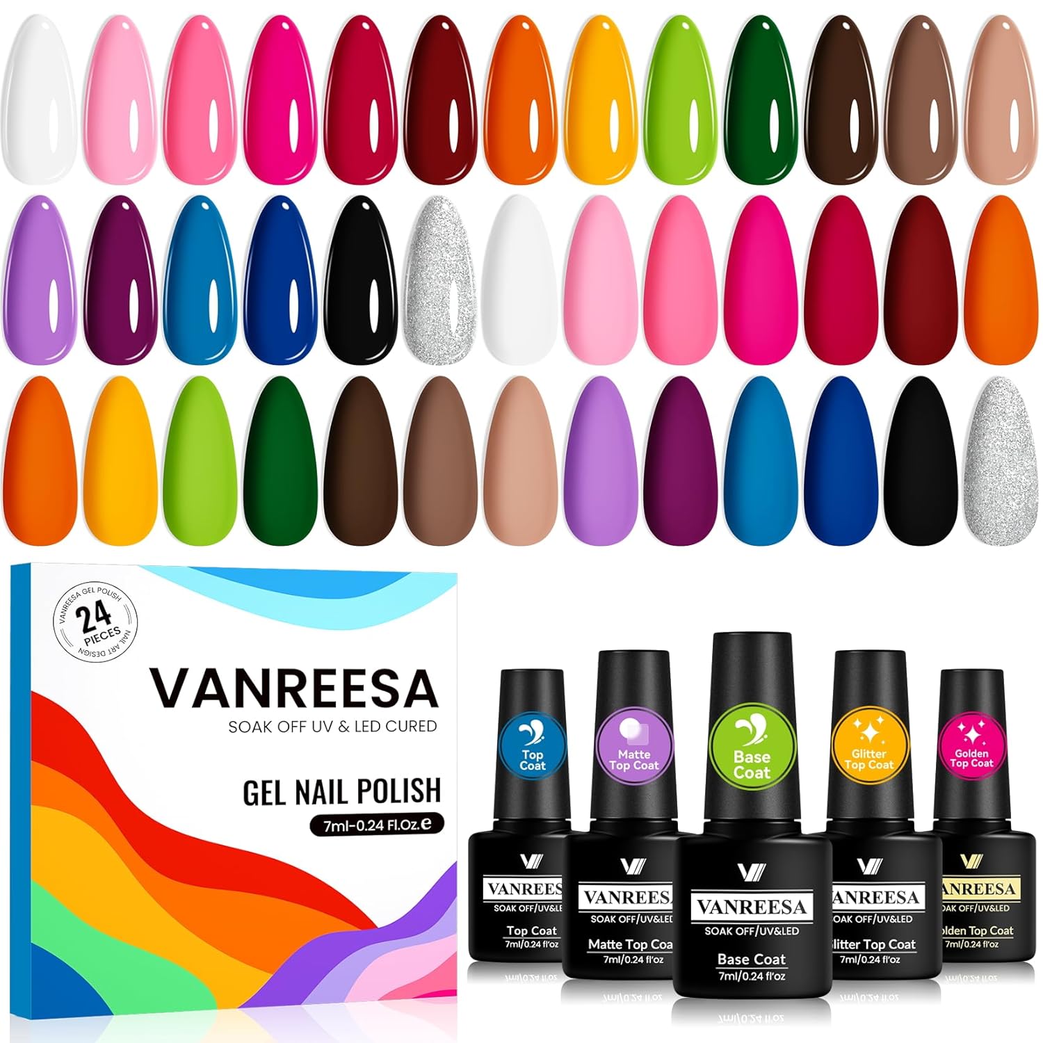 VANREESA 24 Pcs Neon Gel Nail Polish Set -Bright Summer Colors Gel Polish with Base Coat & 4 Effects of Top Coat Bright Yellow Orange Pink Red Green Blue Purple Gel Polish Set Nail Kit Gifts for Women : Beauty & Personal Care