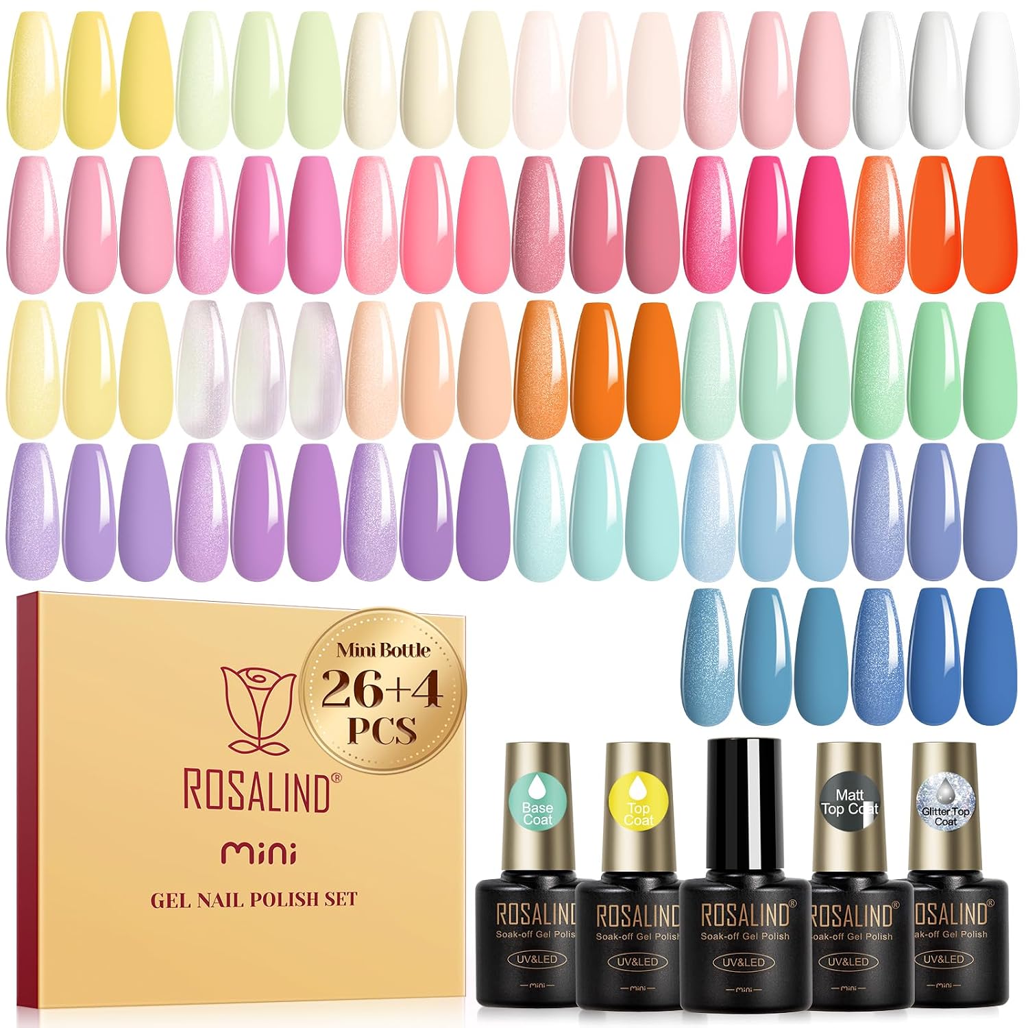 ROSALIND 30pcs Gel Nail Polish Set. 26 Colors Gel Polish with 3Pcs Glossy Matte Glitter Top Coat and Base Coat All Seasons Nude Blue Red Gel Nails art Kit DIY Salon at Home : Beauty & Personal Care