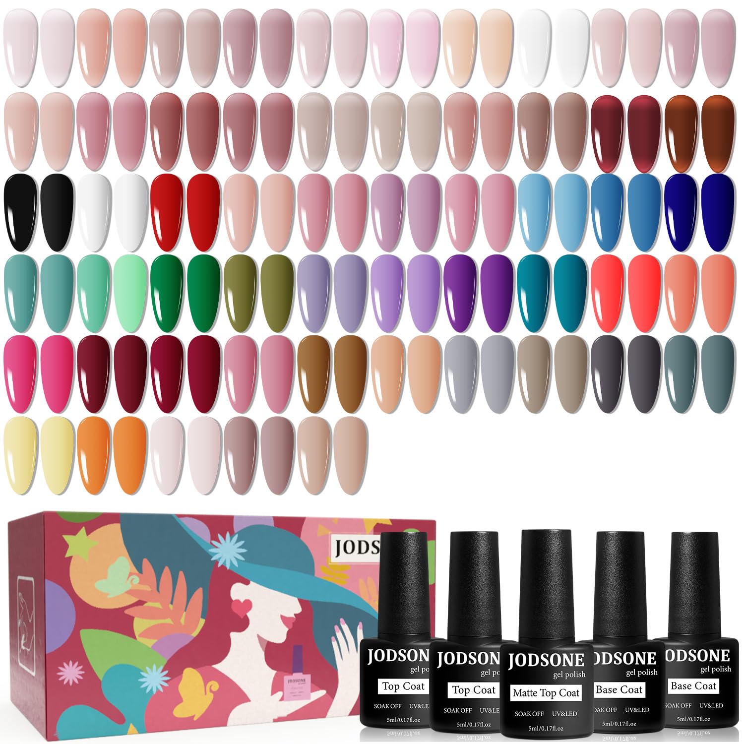 JODSONE 60 PCS Gel Nail Polish Set with 5 Bottles of Base and Glossy Matte Top Coat Soak off Gel Nail Set Suitable for All Seasons Gifts : Beauty & Personal Care