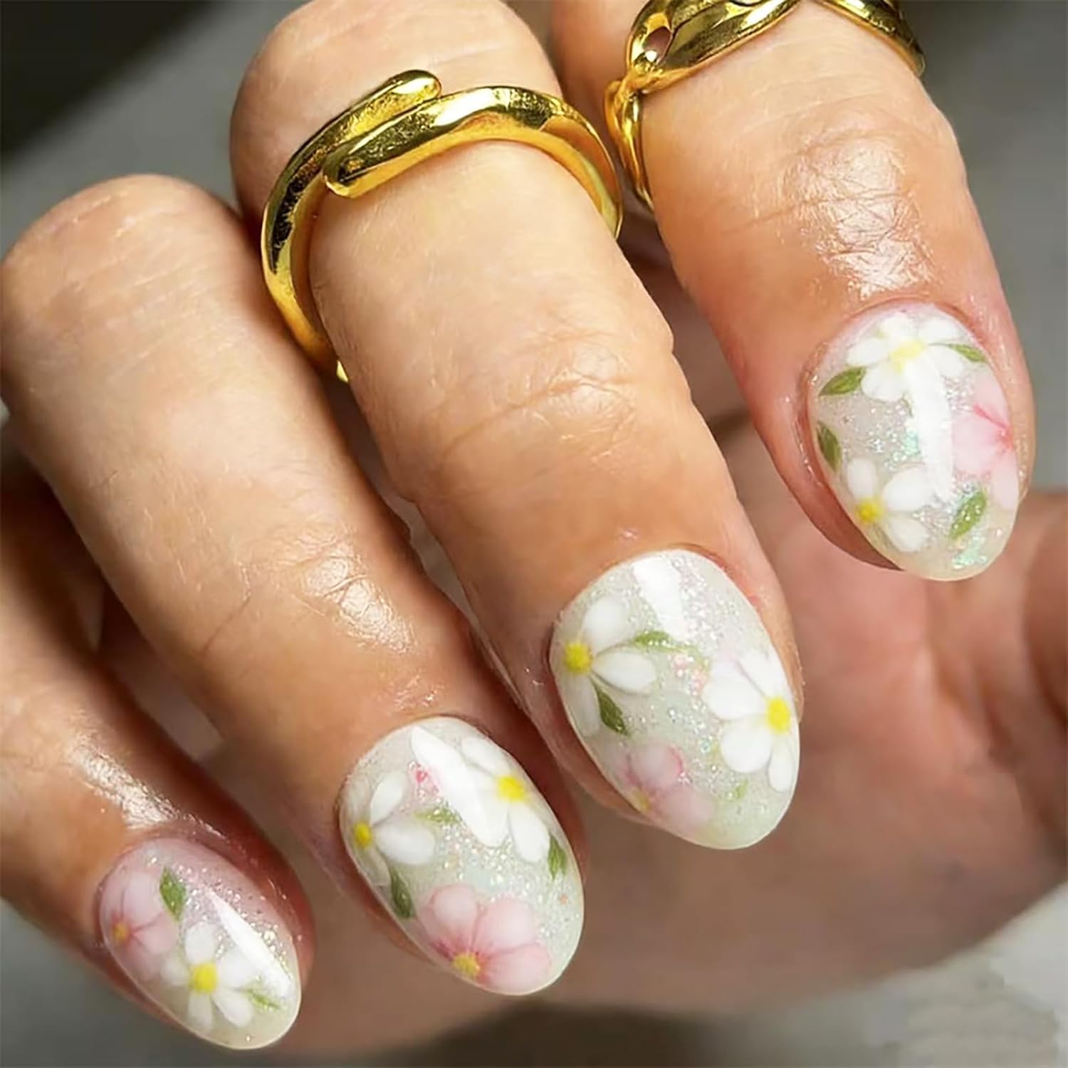 24Pcs Colorful Flower Press-On Nails - Short. Square. Fake. Spring-Summer Nail Art Set. Light Pink Acrylic. Full Cover Glossy False Nails for Women & Girls : Beauty & Personal Care
