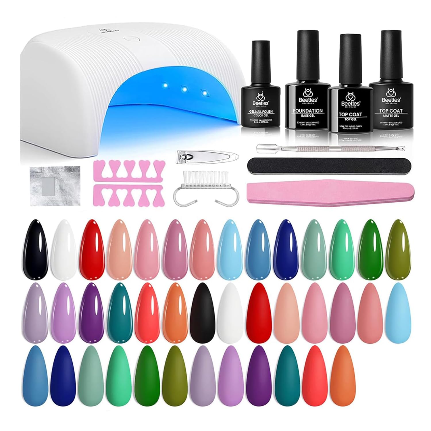 Beetles Summer Gel Polish Set - Fingertip Palette. 32 Colors Polish Set with Base Top Coat Pink Red Blue Purple Brown Yellow Green Black White UV LED Lamp Nails Gifts for Women : Beauty & Personal Care
