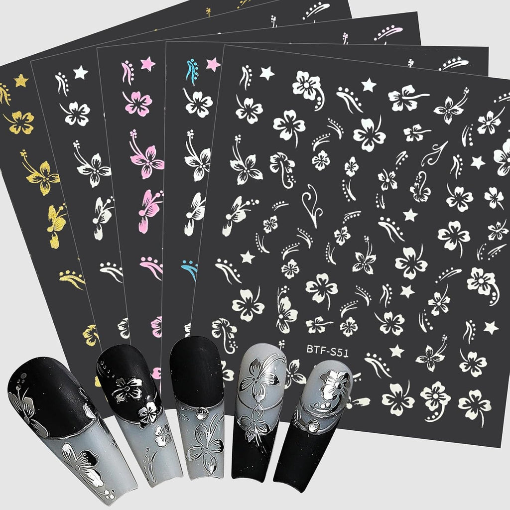 MUIIGOOD Flower Nail Stickers 10 Sheets Hibiscus Nail Decals White Pink Golden Clear Silver Decals Nail Art Decorations Nail Decals Nail Art Supplies Nail Designs for Women Manicure Tips : Beauty & Personal Care