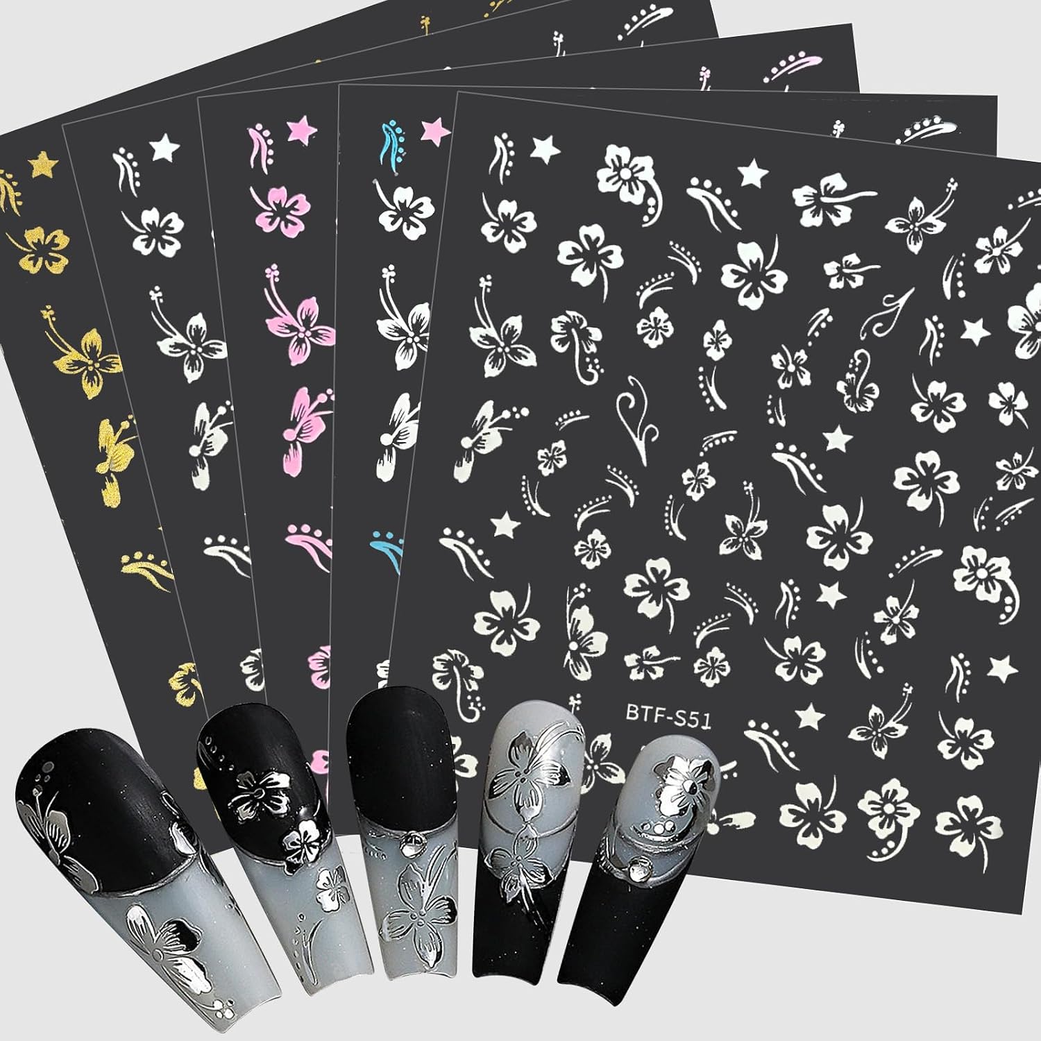 MUIIGOOD Flower Nail Stickers 10 Sheets Hibiscus Nail Decals White Pink Golden Clear Silver Decals Nail Art Decorations Nail Decals Nail Art Supplies Nail Designs for Women Manicure Tips : Beauty & Personal Care
