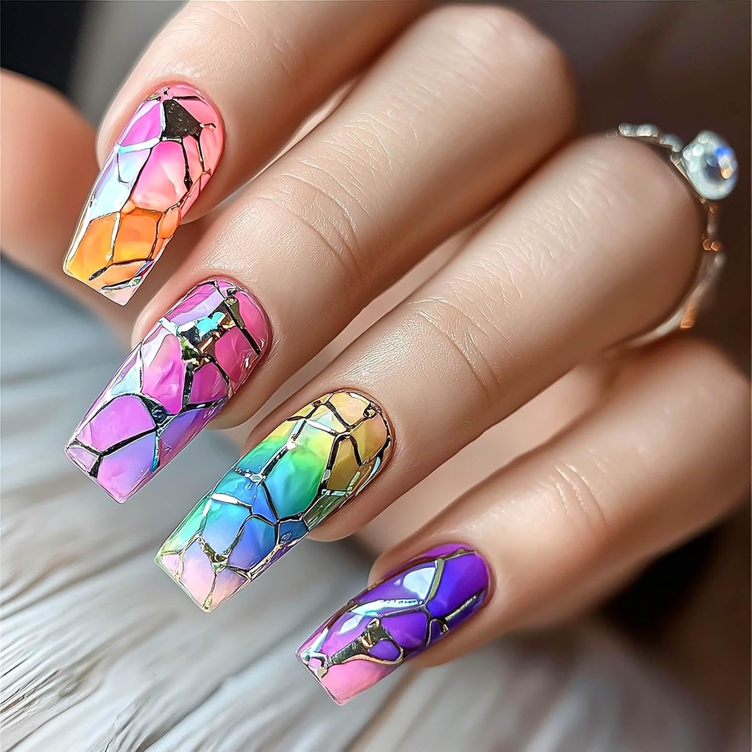 RUOKEXIN Heart Press On Nails Medium Square Fake Nails Glitter Glossy Acrylic False Nails with Rhinestones Designs Ombre Pink Full Cover Press Ons Fall Winter Holiday Stick on Nails for Women 24Pcs : Beauty & Personal Care