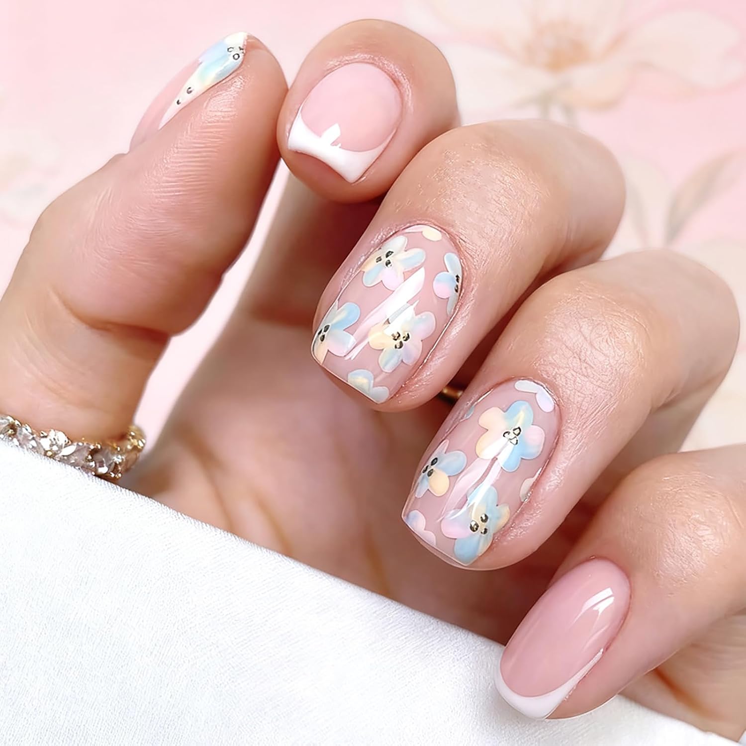 24Pcs Colorful Flower Press-On Nails - Short. Square. Fake. Spring-Summer Nail Art Set. Light Pink Acrylic. Full Cover Glossy False Nails for Women & Girls : Beauty & Personal Care