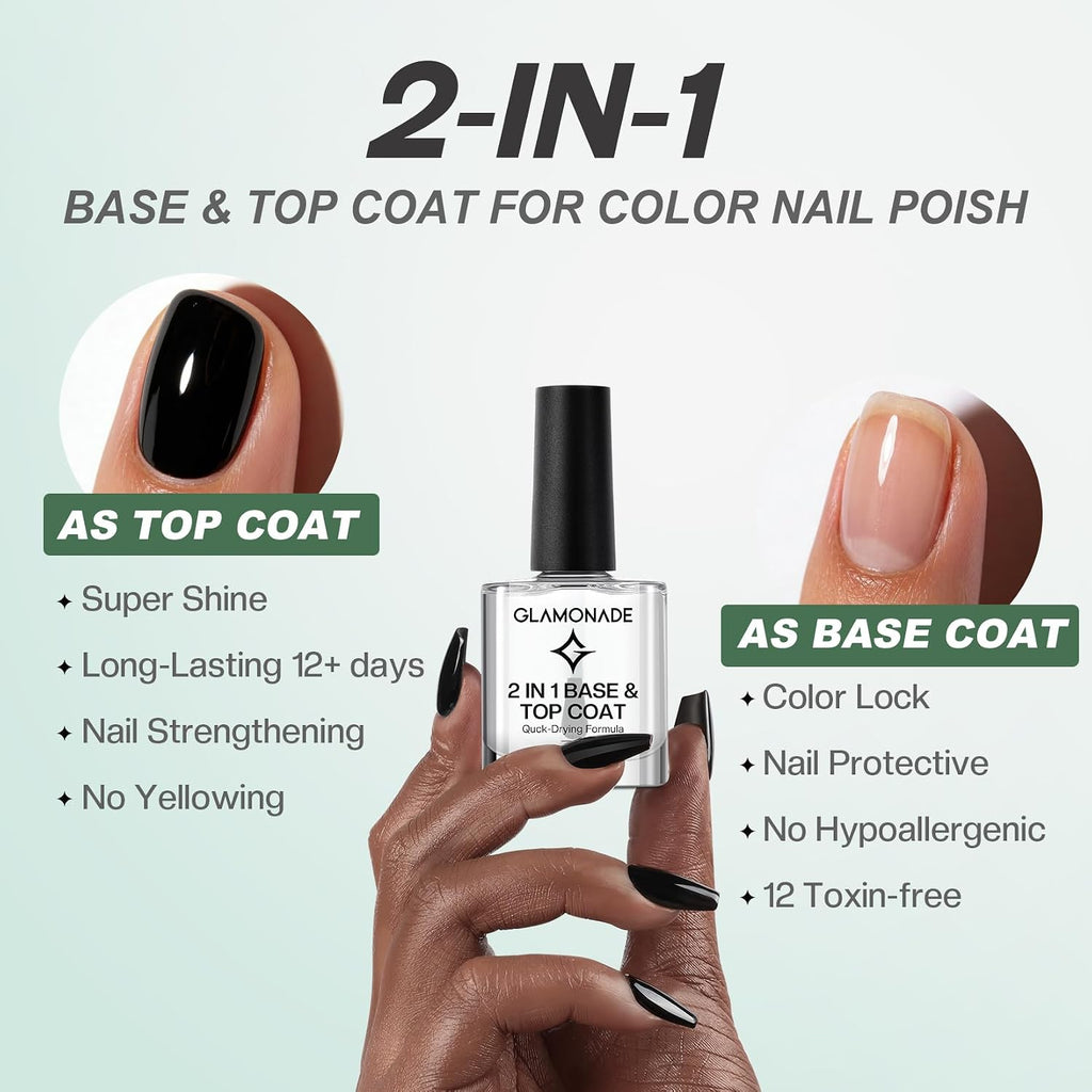 Glamonade Base Top Coat Nail Polish: 2 in 1 Clear High Shine Quick Dry Nail Polish Color Protection Long Lasting Polish Resists Smudging Chipping Fading Fast Air Dry Nail Coat for Women : Beauty & Personal Care
