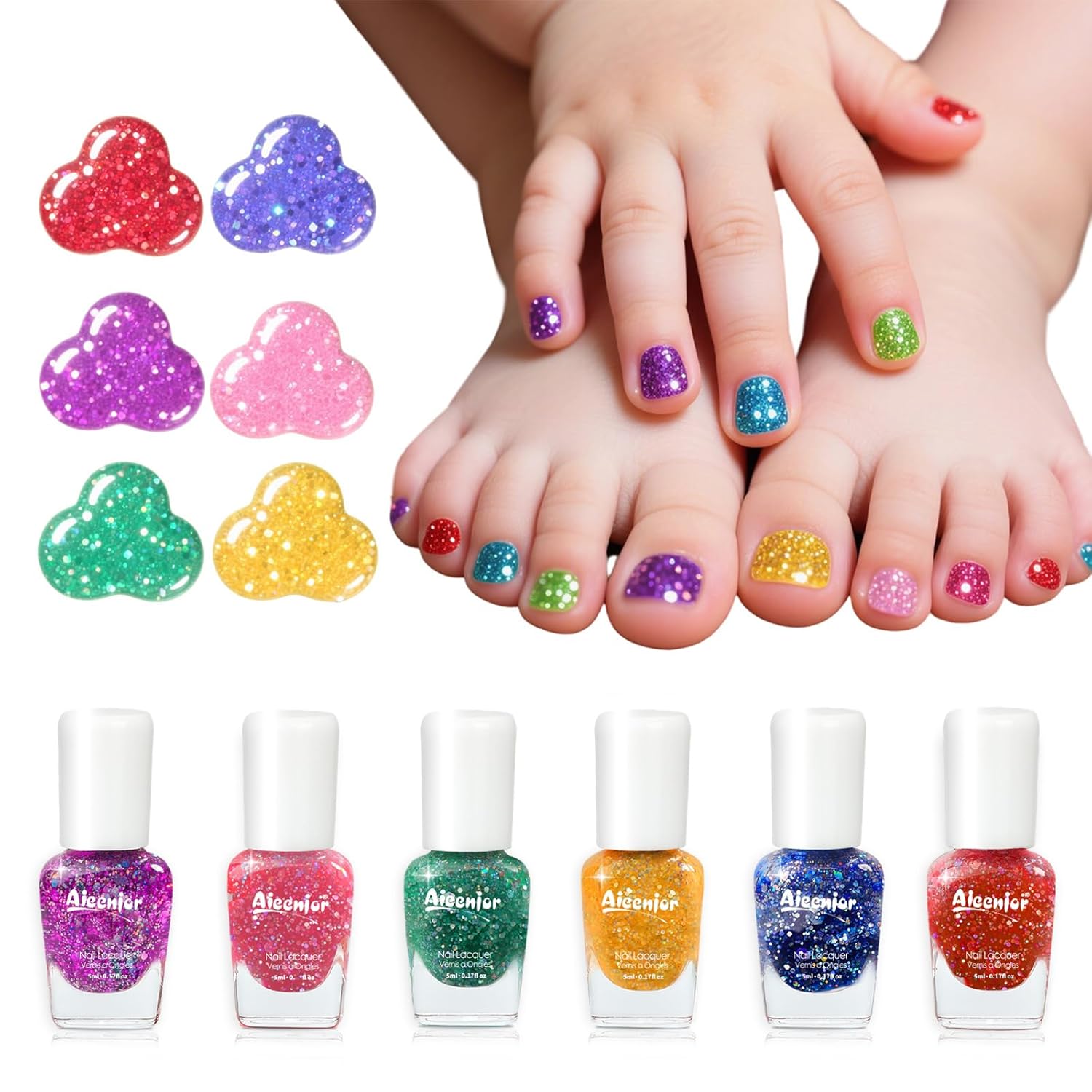 Aieenjor Non-Toxic Kids Nail Polish Set. Glitter Quick Dry Fingernail Polish for Toddler. Water-Based Peelable Nail Polish for Kids. 6 Color Rainbow for Halloween and DIY Gift Kid Ages 3+ : Beauty & Personal Care
