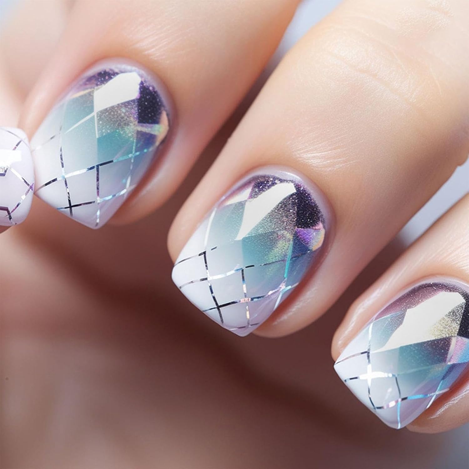 Square Press on Nails Short Sea Blue Fake Nails Glossy Acrylic Nails Press ons Full Cover False Nails with Golden Glitter Designs Glue Stick on Nails for Women Girls 24 Pcs : Beauty & Personal Care