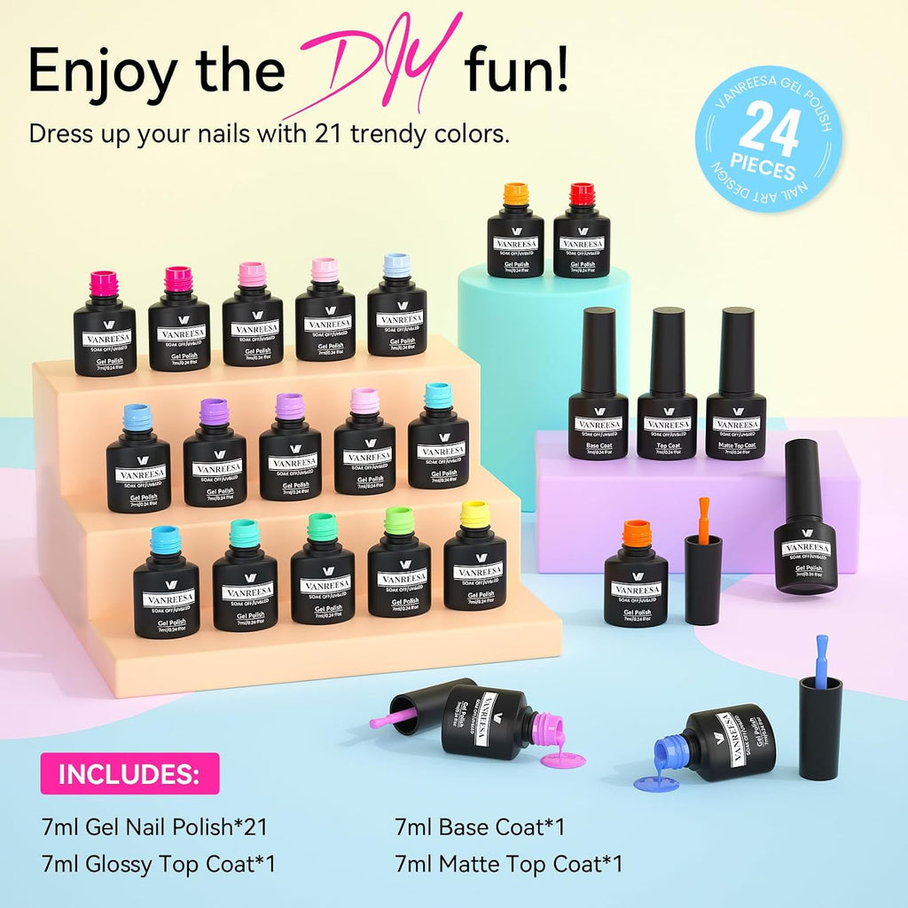 VANREESA 24 Pcs Pastel Gel Nail Polish Set. 21 Colors Spring & Summer Gel Polish with Base Coat Glossy & Matte Top Coat Yellow Green Blue Pink Purple Orange Gel Polish Kit Nail Kit Gifts for Women : Beauty & Personal Care