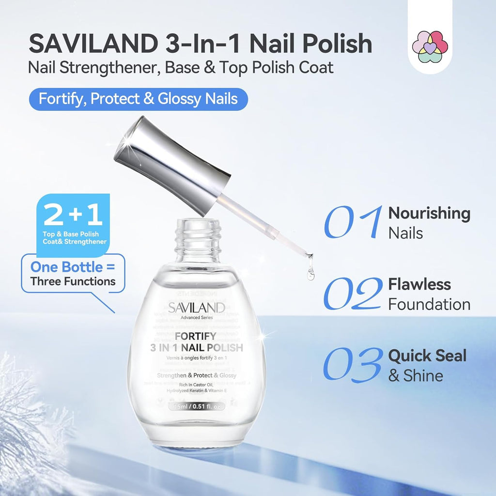SAVILAND 3-in-1 Base & Top Coat & Nail Strengthener: 15ml Quick Air Dry Clear Nail Polish Nail Strengthener and Growth for Damaged Nails Nail Treatment Glossy Regular Nail Lacquer Women Gift : Beauty & Personal Care