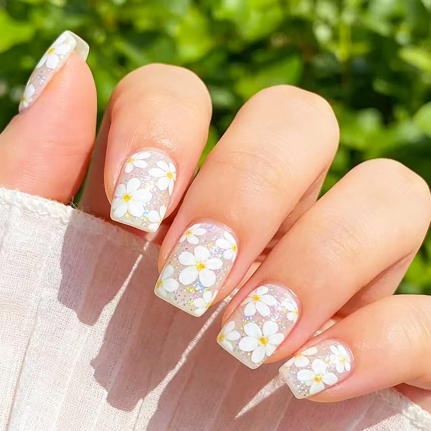 24Pcs Colorful Flower Press-On Nails - Short. Square. Fake. Spring-Summer Nail Art Set. Light Pink Acrylic. Full Cover Glossy False Nails for Women & Girls : Beauty & Personal Care