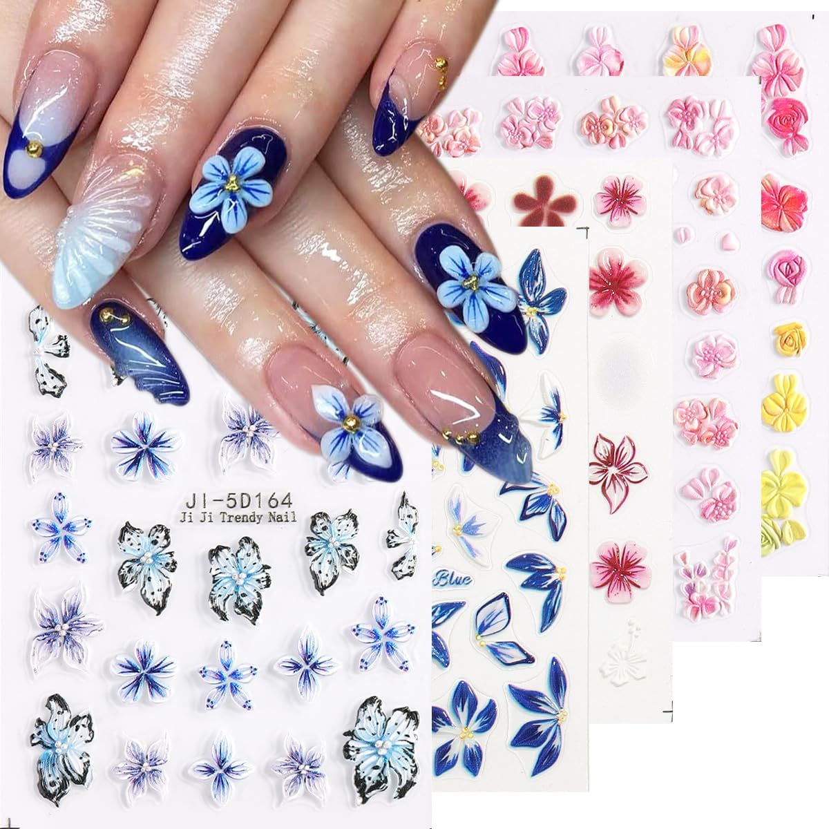 Fcozpjk 5D Embossed White Flowers Nail Stickers. 5 Sheets Self-Adhesive Floral Nail Decals. Spring Rose Butterfly Nail Art. 3D Acrylic Flowers for Manicure Decor : Beauty & Personal Care