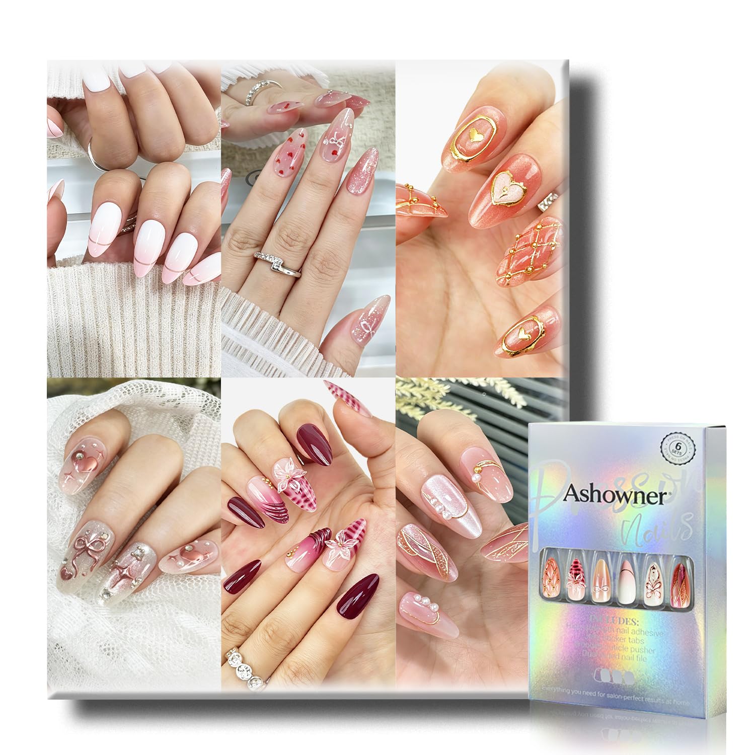 6 Packs (144 Pcs) | Reusable Press on Nails | Stick on Nails 12 Sizes-6 Styles | Cute Bow Nails : Beauty & Personal Care
