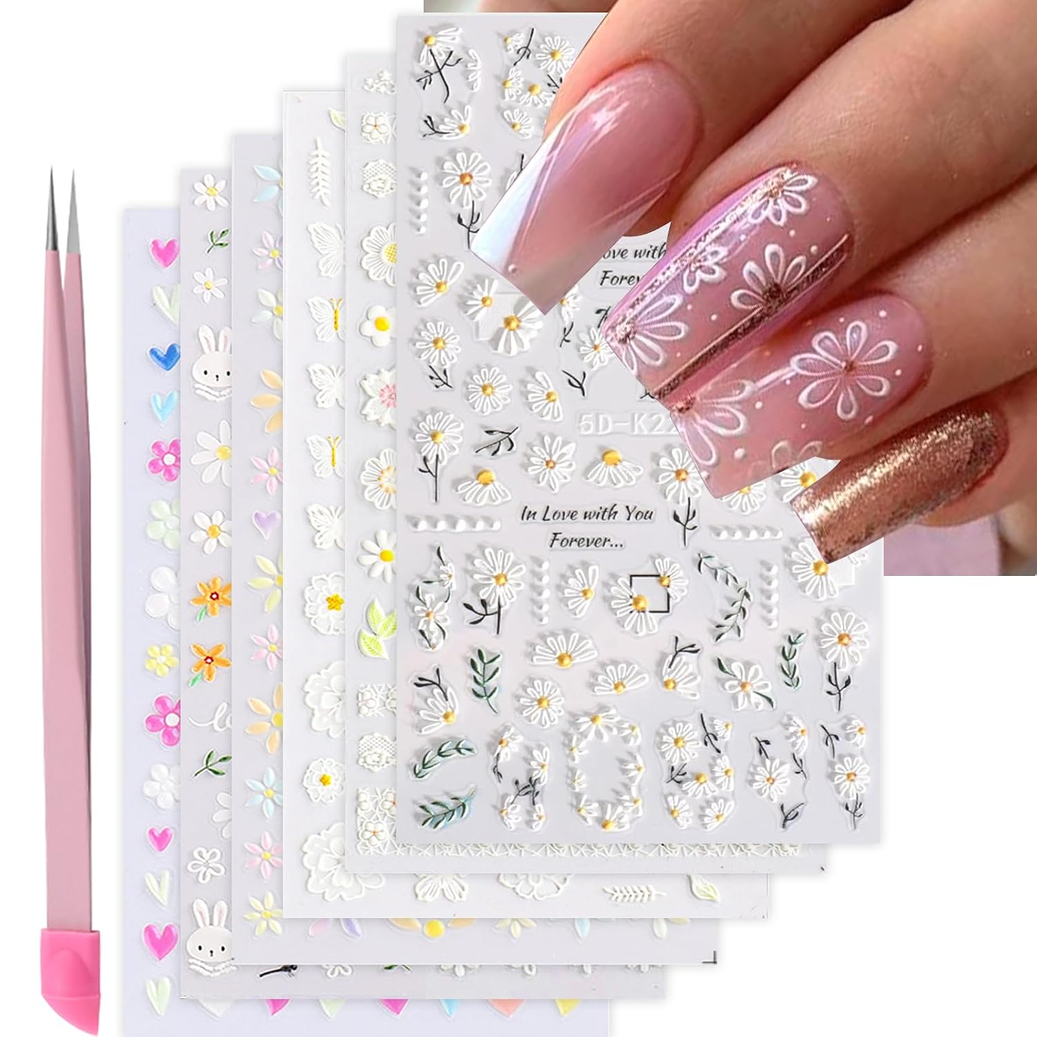 VOTACOS Flower Nail Art Stickers - 5D Embossed. Spring/Summer Daisy Designs. Self-Adhesive Decals for Women's Nail DIY Decoration : Beauty & Personal Care