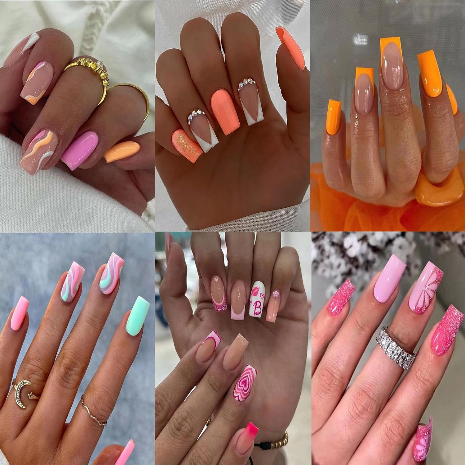 6 Packs (144 Pcs) Press on Nails Medium - Jsiallye Pink Gradient Press on Nails Square Coffin. Glue on with Nail in 12 Sizes - 24 Fake Nails Kit. French Tip Stick on Nails for Women : Beauty & Personal Care