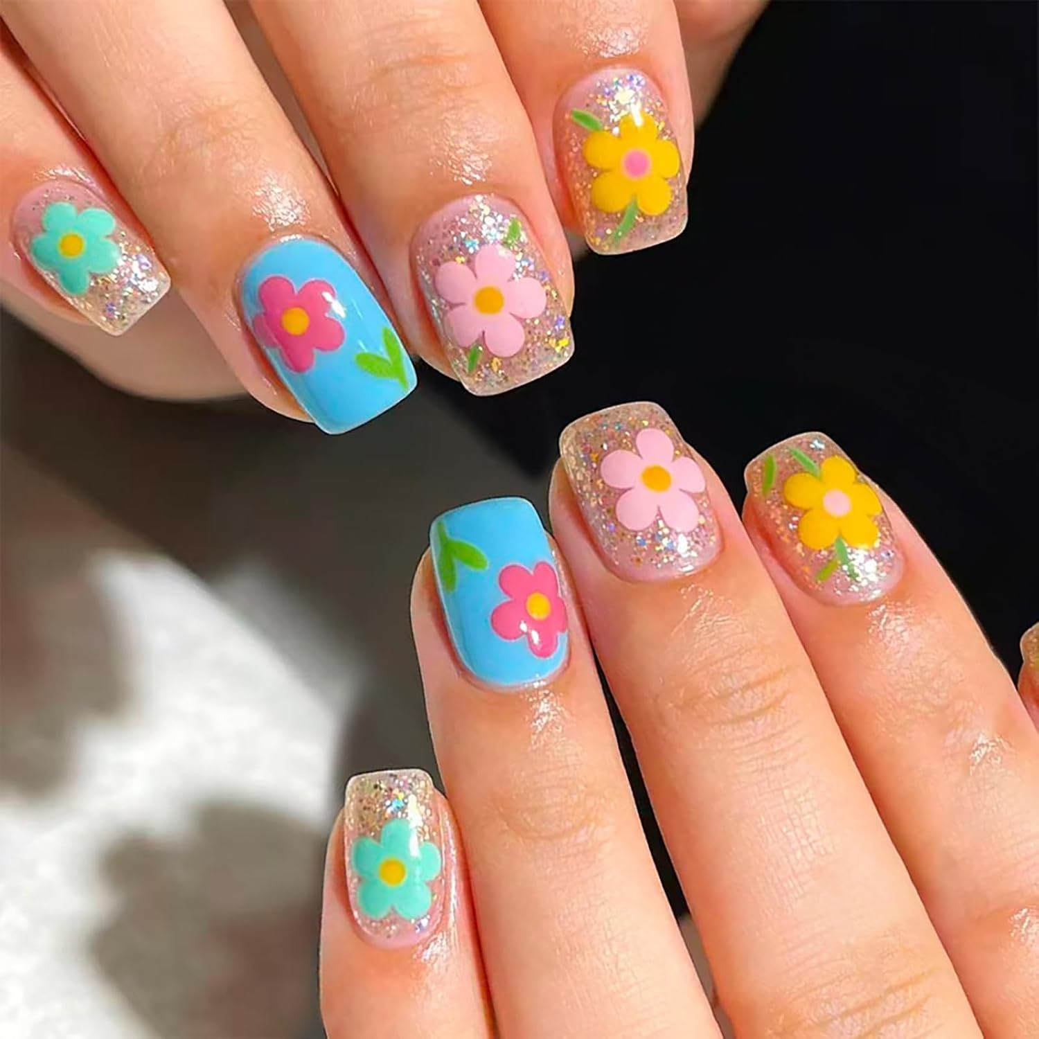 24Pcs Colorful Flower Press-On Nails - Short. Square. Fake. Spring-Summer Nail Art Set. Light Pink Acrylic. Full Cover Glossy False Nails for Women & Girls : Beauty & Personal Care