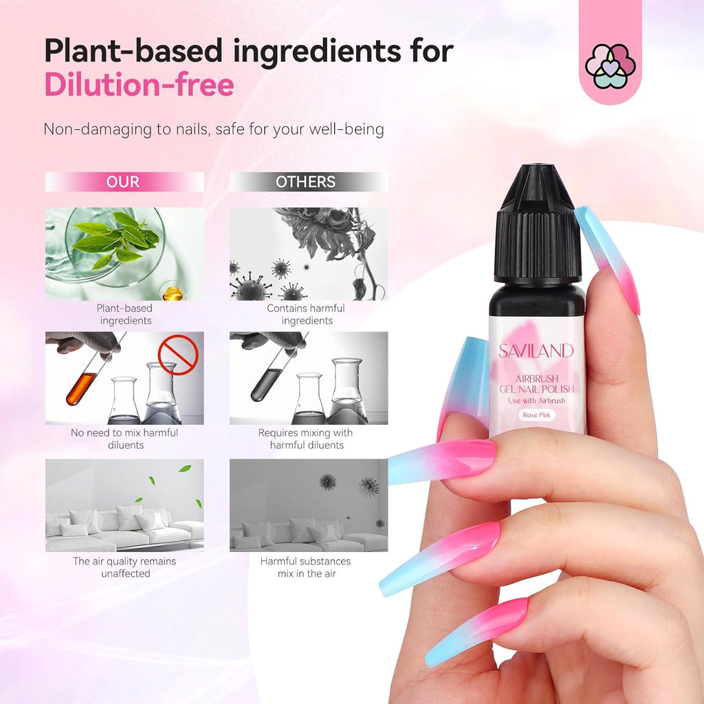 SAVILAND Airbrush Gel Nail Polish Hema-Free: Dilution-Free 12 Vitality Colors Airbrush for Nails Set Non-Acetone with Fine Mist Nail for Spray French & Ombre Nail Polish Nail Art Design Salon Kit : Beauty & Personal Care