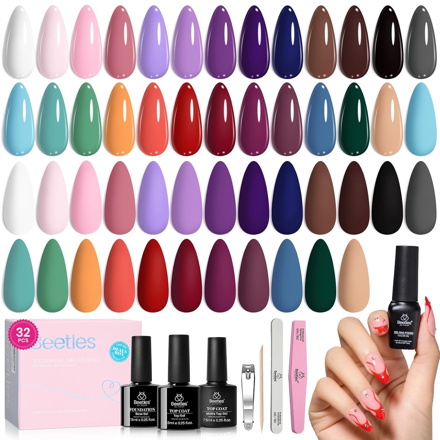 Beetles Summer Gel Polish Set - 36 Colors Bright Neon Gel Nail Polish Pink Orange Red Green Blue 4th of July Nail Polish with 4Pcs Base Top Coat Soak Off Colorful Collection UV Nail Gel : Beauty & Personal Care