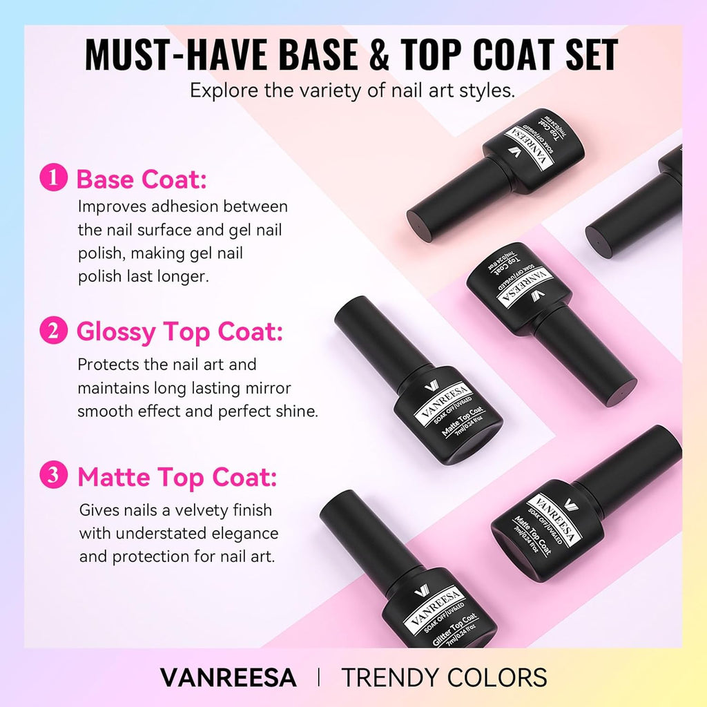 VANREESA 24 Pcs Pastel Gel Nail Polish Set. 21 Colors Spring & Summer Gel Polish with Base Coat Glossy & Matte Top Coat Yellow Green Blue Pink Purple Orange Gel Polish Kit Nail Kit Gifts for Women : Beauty & Personal Care