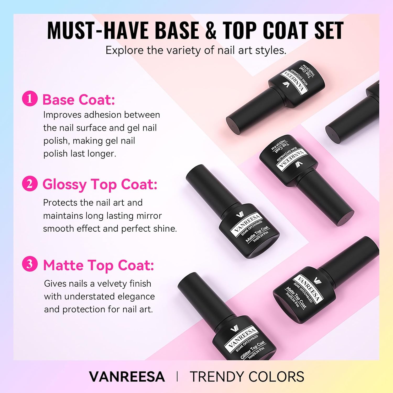VANREESA 24 Pcs Pastel Gel Nail Polish Set. 21 Colors Spring & Summer Gel Polish with Base Coat Glossy & Matte Top Coat Yellow Green Blue Pink Purple Orange Gel Polish Kit Nail Kit Gifts for Women : Beauty & Personal Care