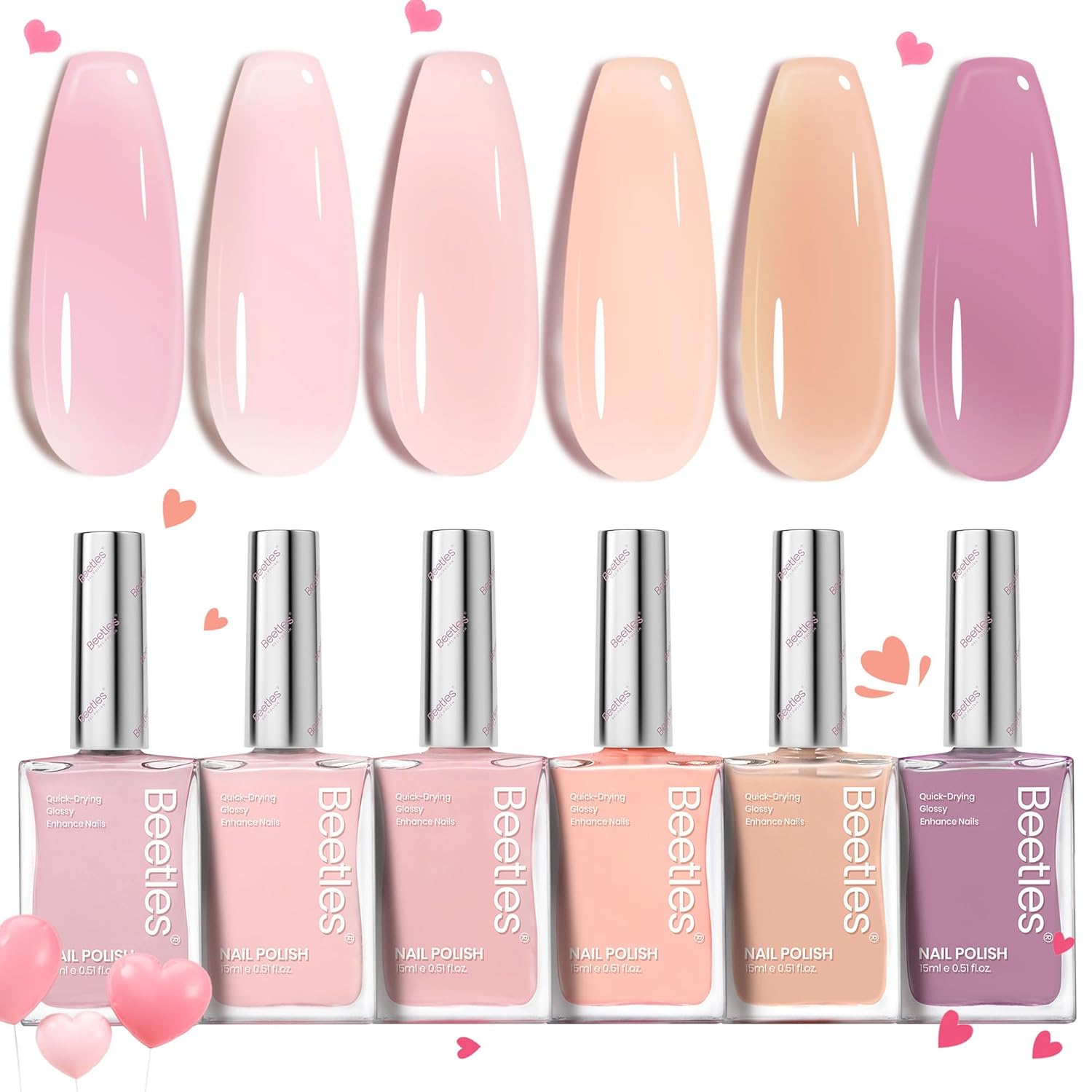 Beetles Jelly Nail Polish Set. 6 Colors Pink Nude Purple Velvet Glow Quick Dry Nail Polish Long Lasting Nail Strengthener Polish Gift for Girls Women : Beauty & Personal Care