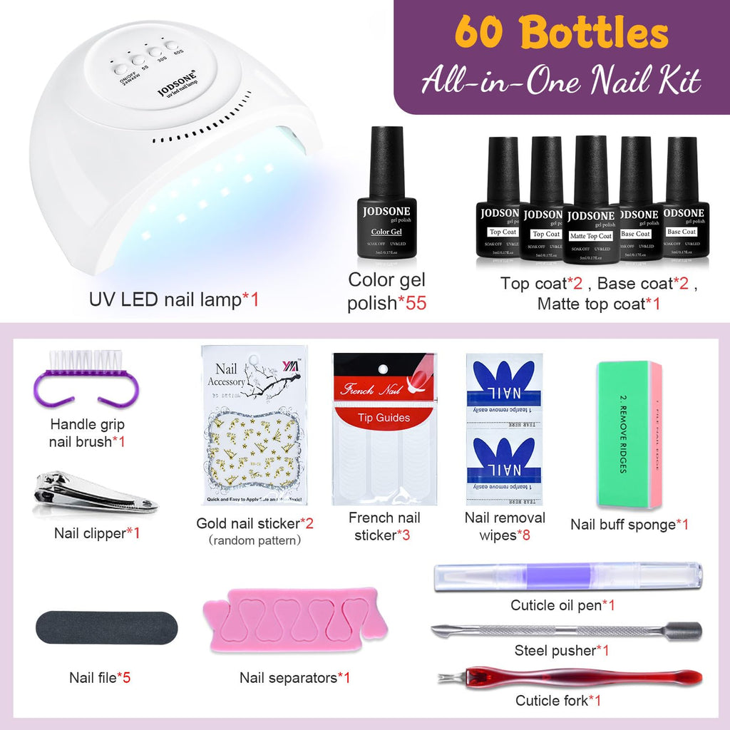 JODSONE Gel Nail Polish Kit 60 PCS with U V Light Soak off Base Top Coat 55 Shine Colors Gel Nail Kit Bright and Dark Brown Wine Red Series Manicure Set for Women and Girls : Beauty & Personal Care