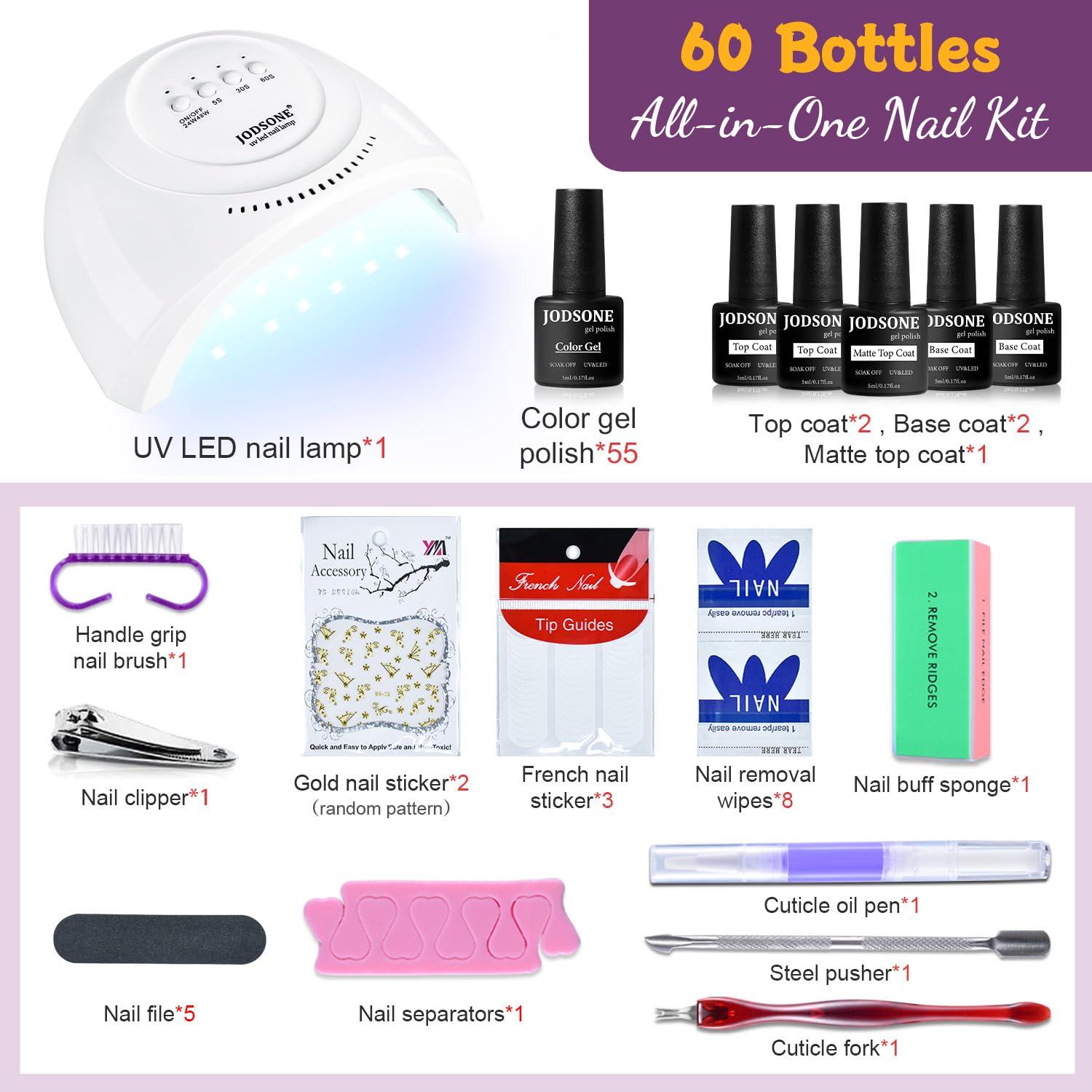 JODSONE Gel Nail Polish Kit 60 PCS with U V Light Soak off Base Top Coat 55 Shine Colors Gel Nail Kit Bright and Dark Brown Wine Red Series Manicure Set for Women and Girls : Beauty & Personal Care
