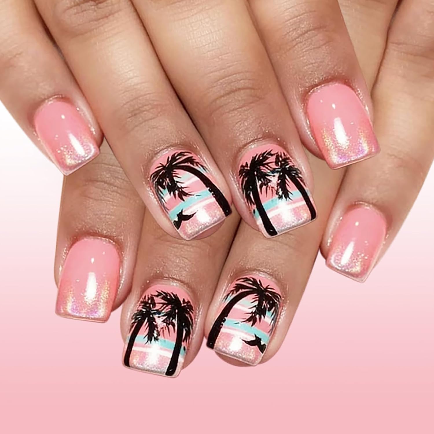 24Pcs Colorful Flower Press-On Nails - Short. Square. Fake. Spring-Summer Nail Art Set. Light Pink Acrylic. Full Cover Glossy False Nails for Women & Girls : Beauty & Personal Care