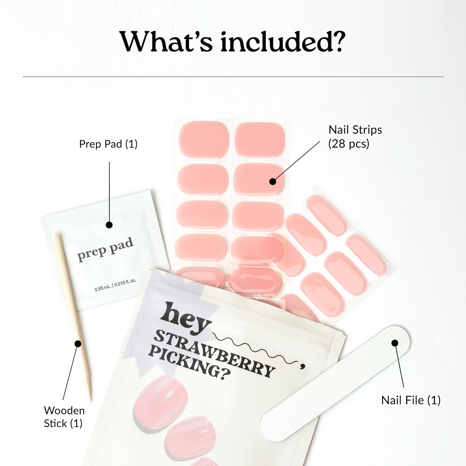 Heyhae Semi Cured Gel Nail Strips | No LED Lamp Needed | Solid. Pink. Spring | Easy Apply & Remove. Salon Quality | Includes 28 Strips. 1 Prep Pads. Nail File & Wooden stick - Hey. Strawberry Picking? : Beauty & Personal Care